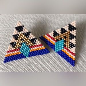 Geometric Beaded Earrings with Gold and Blue Accents